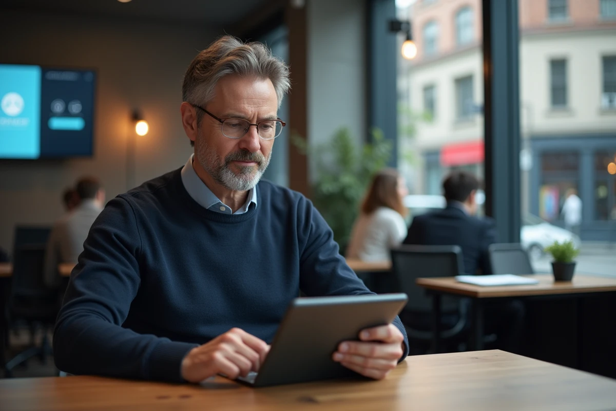 Homme utilisant un portail sécurisé sur tablette dans un espace de coworking
