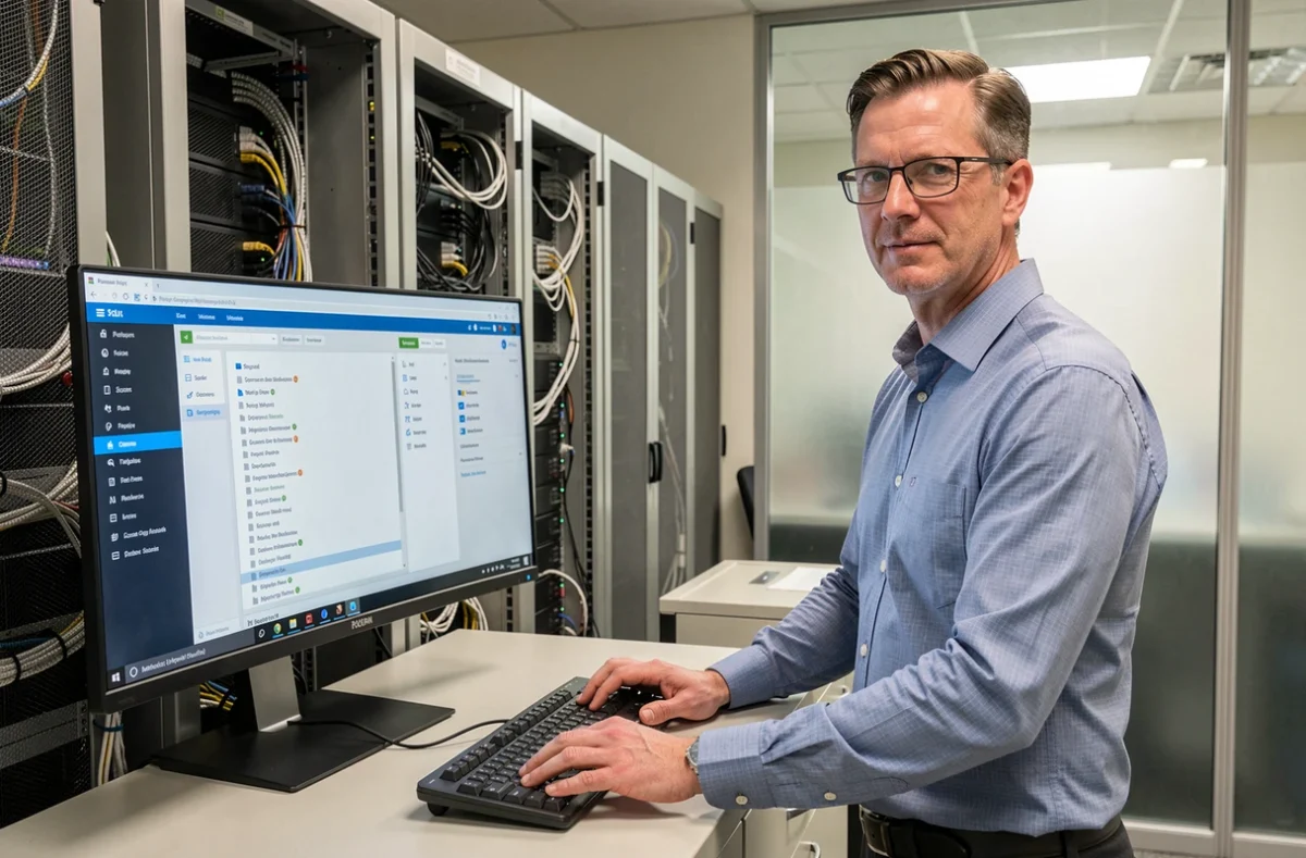 Administrateur informatique gérant la messagerie institutionnelle sur un poste de travail dans une salle serveur universitaire