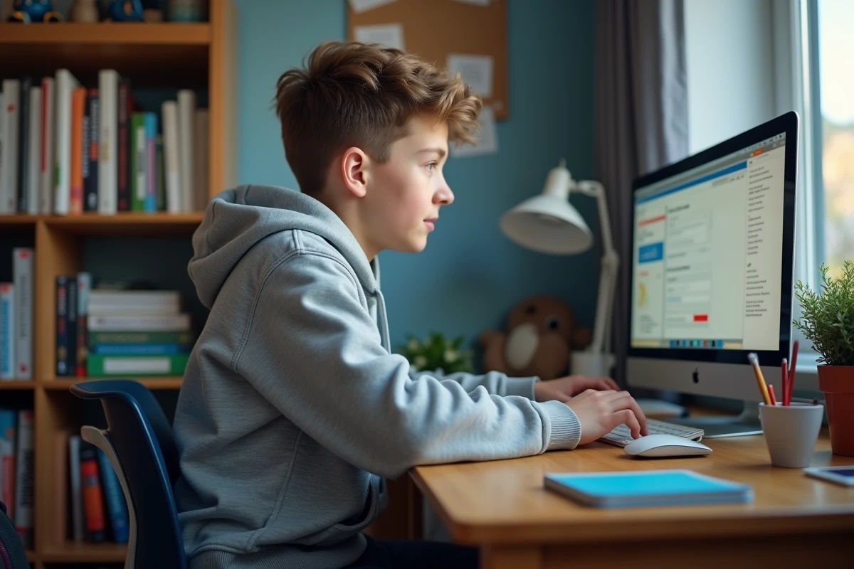 Adolescent accédant à l'espace numérique de travail ENT Normandie depuis son bureau dans sa chambre