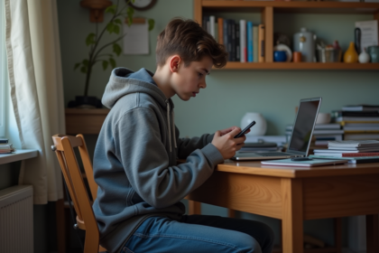 Jeune adolescent seul à son bureau en train de scroller sur son smartphone