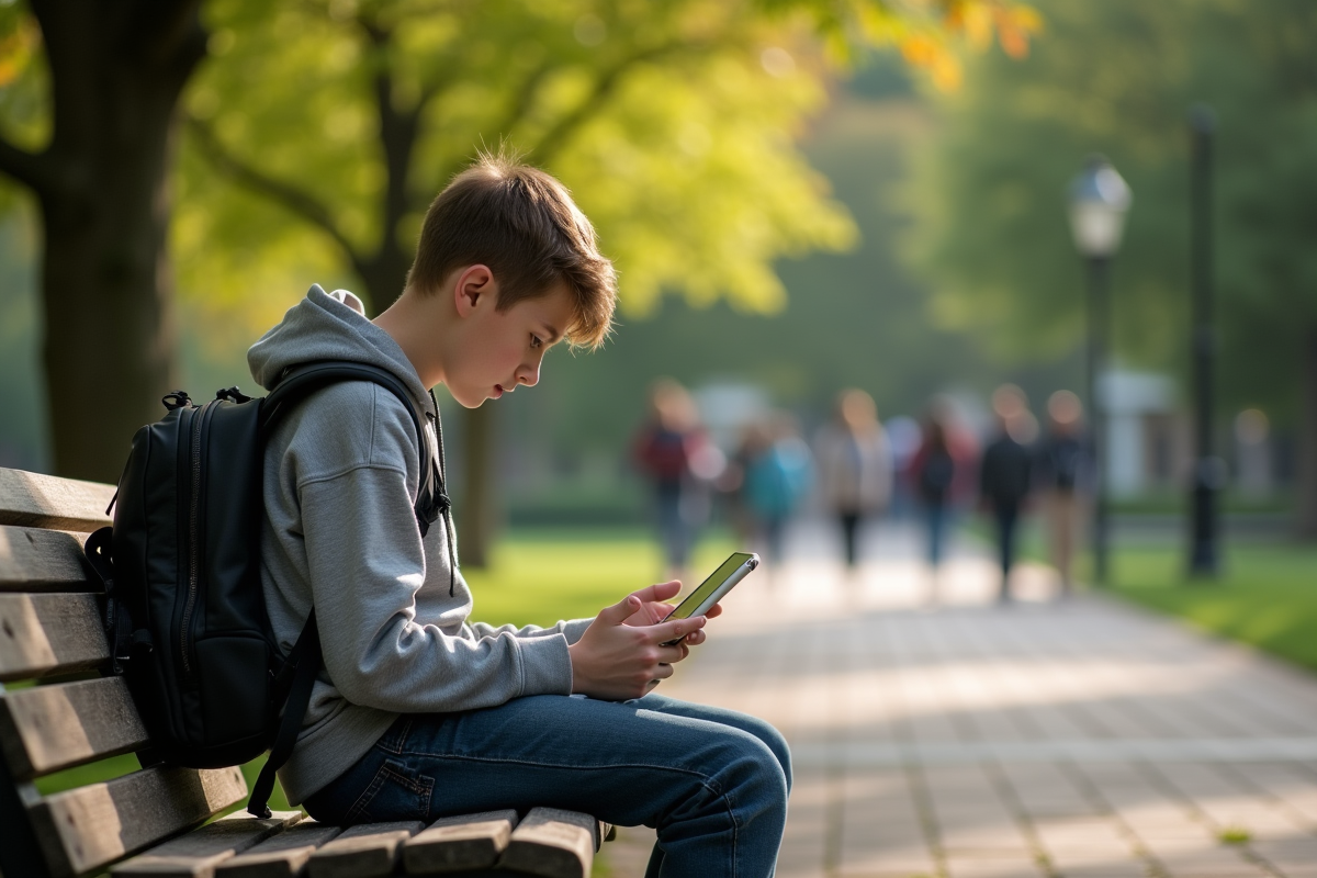 Adolescent sur un banc de parc utilisant une application de carrière