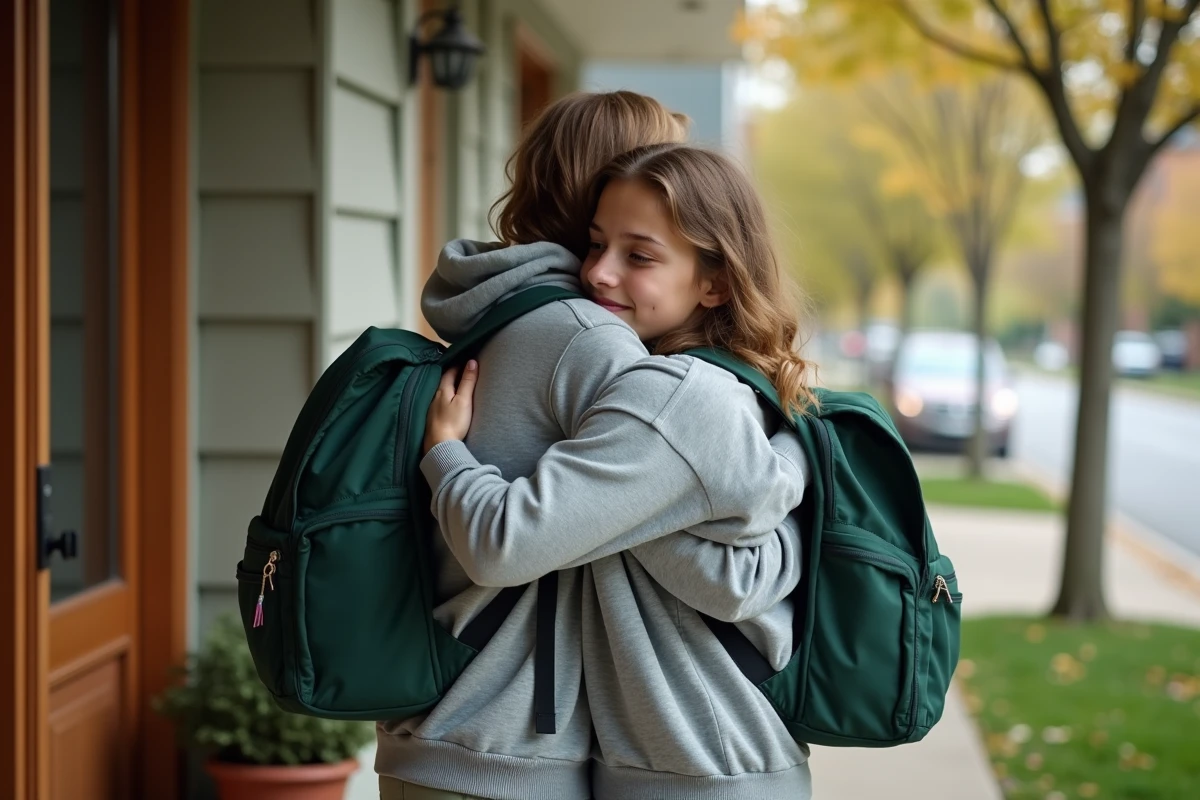 Adolescente avec un grand sac à dos disant au revoir à sa mère sur le pas de la porte, scène du quotidien illustrant partir au présent