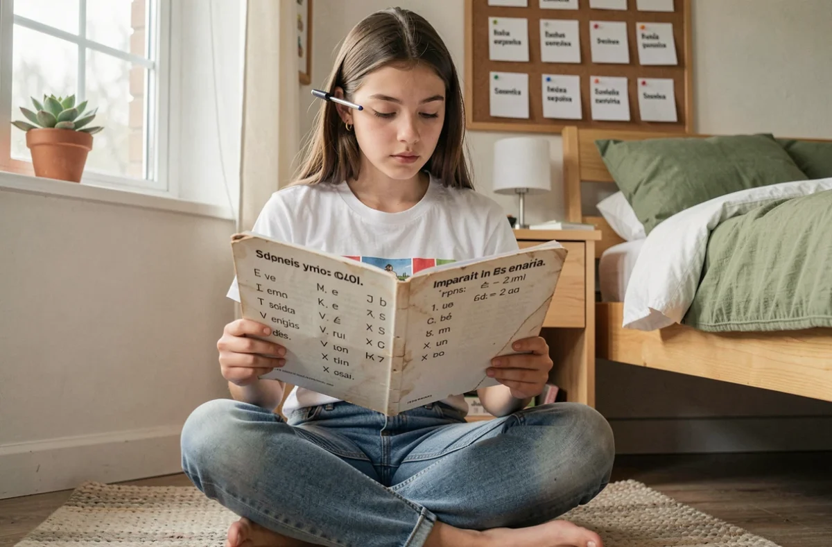 Adolescente révisant la conjugaison de l'imparfait espagnol dans sa chambre avec un cahier d'exercices et des fiches de vocabulaire