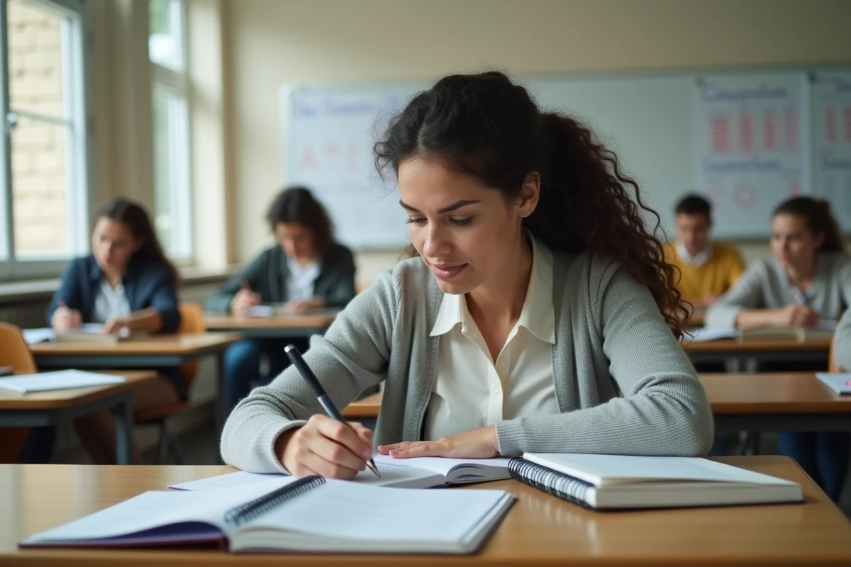 Femme adulte en reprise d'études écrivant des exercices de conjugaison dans un cahier en salle de classe