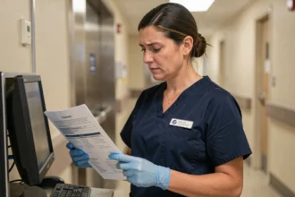 Aide-soignante consultant un protocole de soins dans un couloir hospitalier, illustrant la vérification du champ de compétences