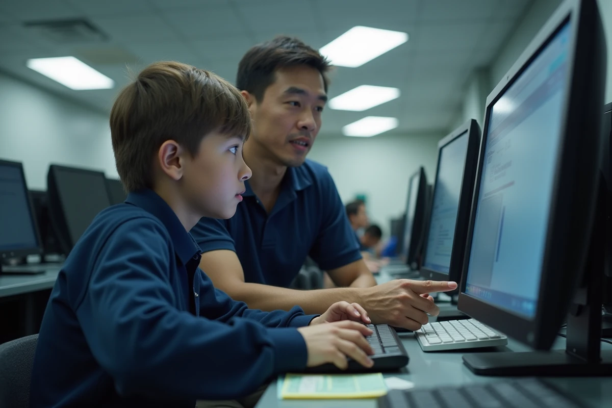 Technicien informatique aidant un élève à sécuriser son compte NEO Yvelines en salle informatique