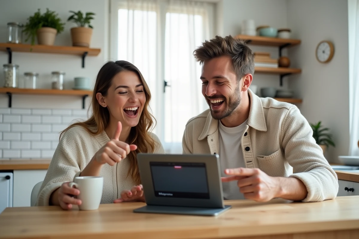 Deux amis discutant des expressions en anglais américain devant une tablette dans une cuisine moderne