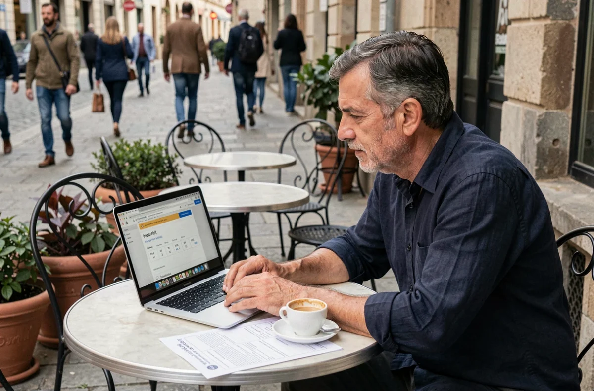 Homme adulte apprenant l'espagnol et l'imparfait sur ordinateur portable dans un café en terrasse avec notes imprimées