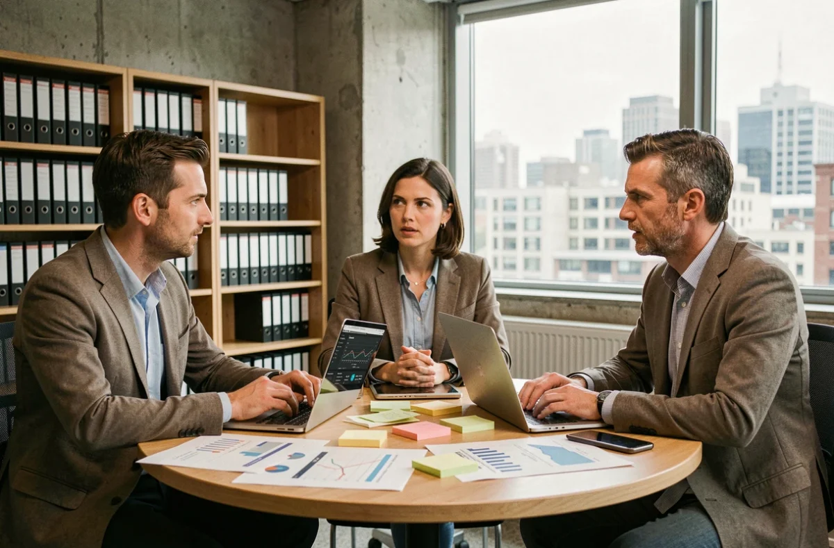 Équipe de professionnels en atelier de formation décision basée sur les données analysant des rapports et minimisant les risques décisionnels en entreprise
