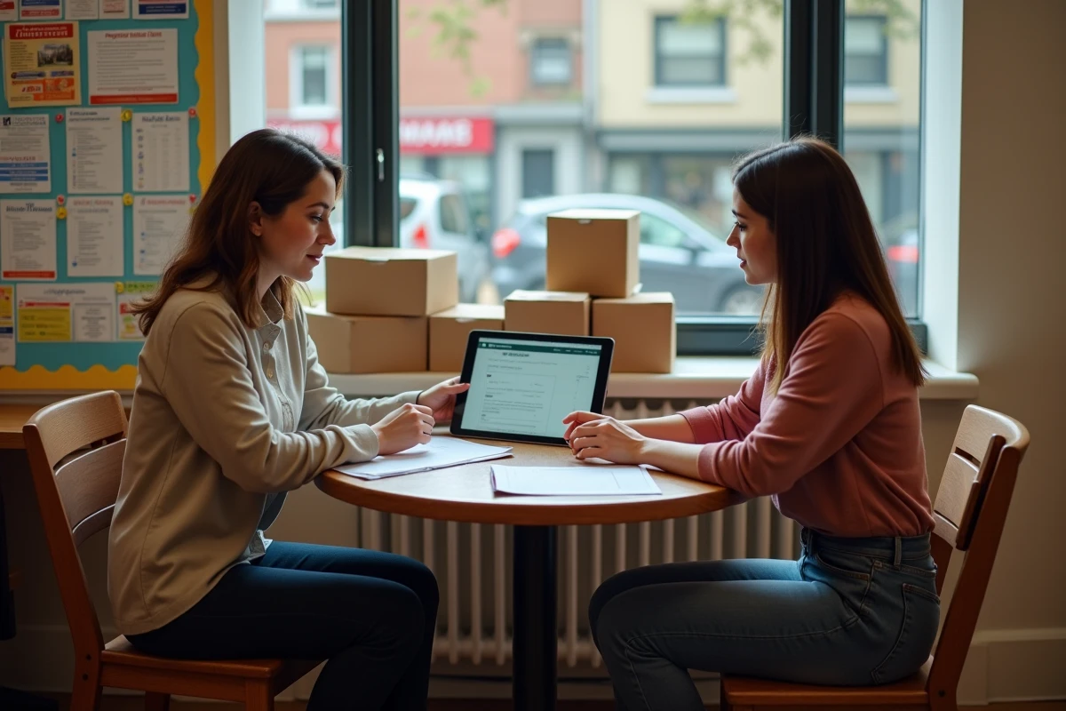 Deux bénévoles d'une association gérant les adhésions et la facturation sur une tablette avec un logiciel adapté aux petites structures