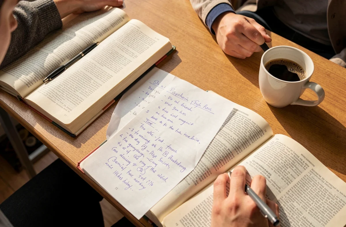 Bureau d'étudiant avec manuels de psychologie ouverts et notes manuscrites