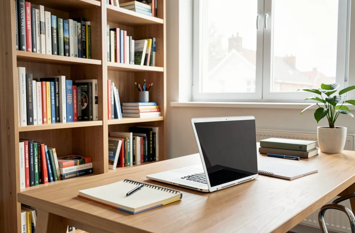 Bureau lumineux avec ordinateur portable et carnet pour vérifier une formation