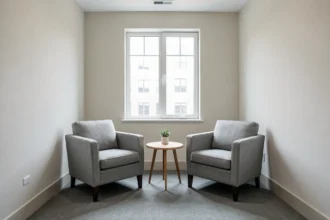 Cabinet de consultation calme avec deux fauteuils et lumière naturelle