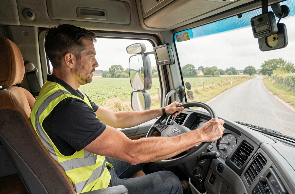 Stagiaire en formation conduite poids lourd au Centre Formation Routière de l'Eure installé dans la cabine d'un camion