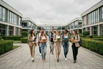Vue d'ensemble d'un campus de formation professionnelle en Normandie avec des étudiants adultes circulant dans la cour