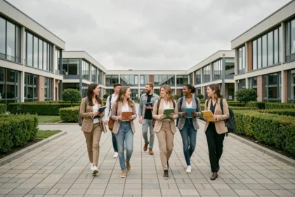 Vue d'ensemble d'un campus de formation professionnelle en Normandie avec des étudiants adultes circulant dans la cour