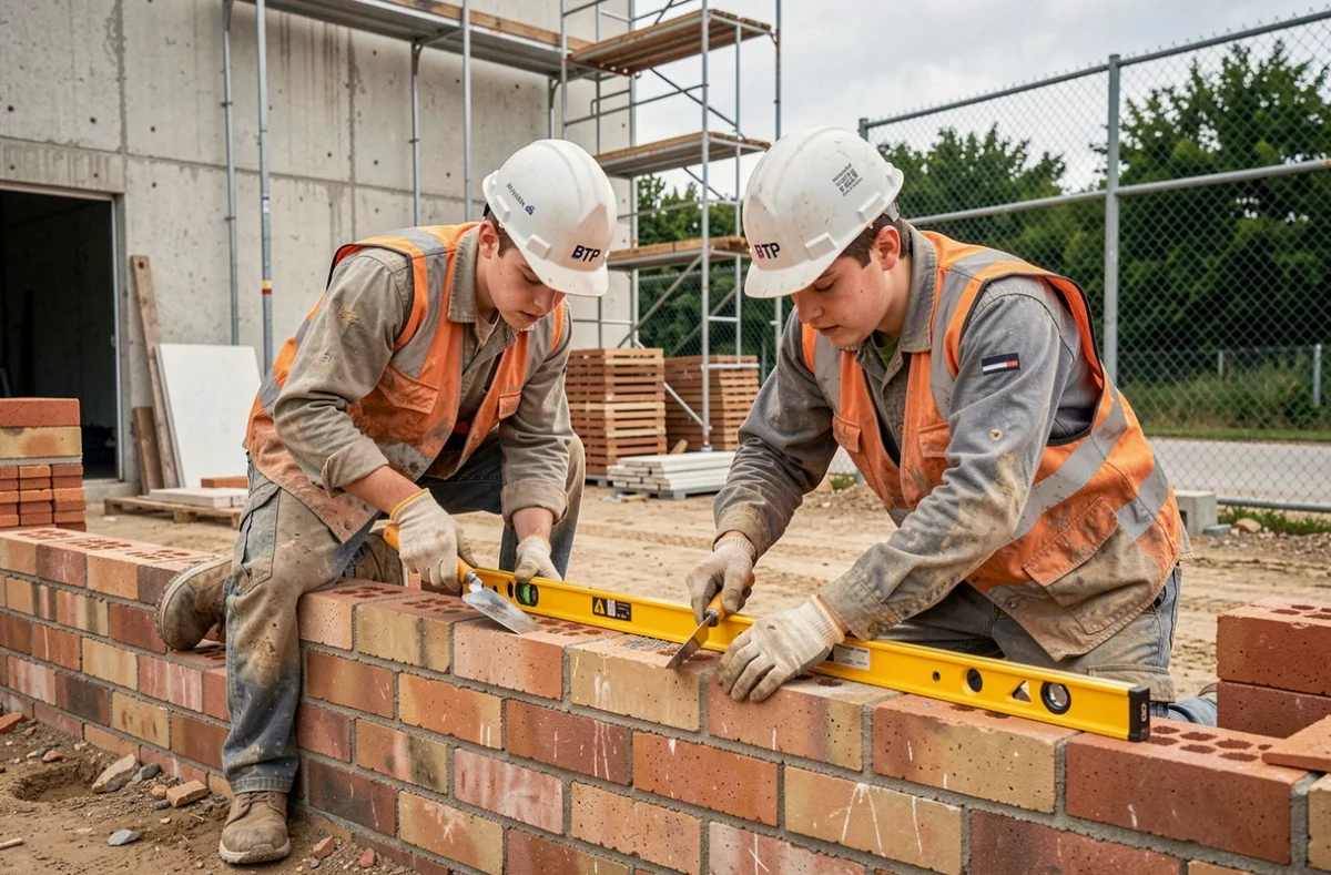 Apprentis du CFA BTP Maurice-Pierre Vallette d'Évreux en train de poser des briques sur un chantier école