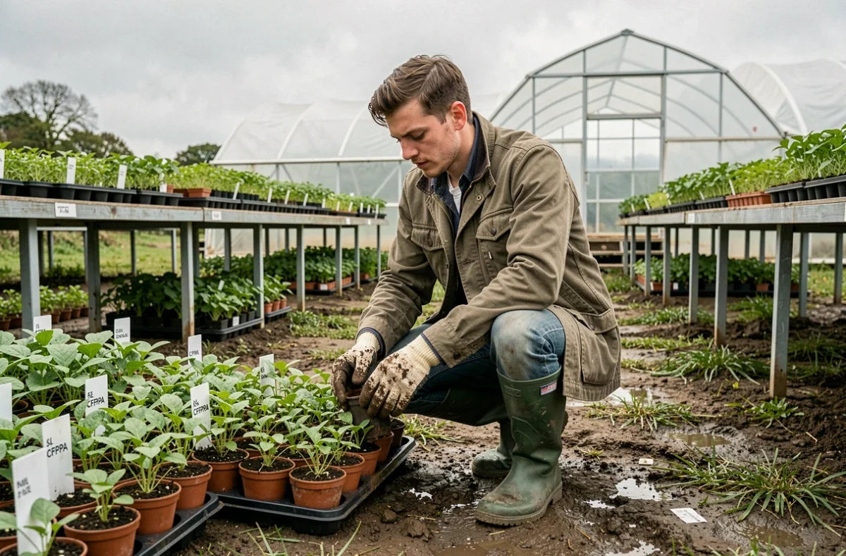 Apprenti du CFA CFPPA de l'Eure en train de repiquer des plants dans une serre de formation agricole à Évreux
