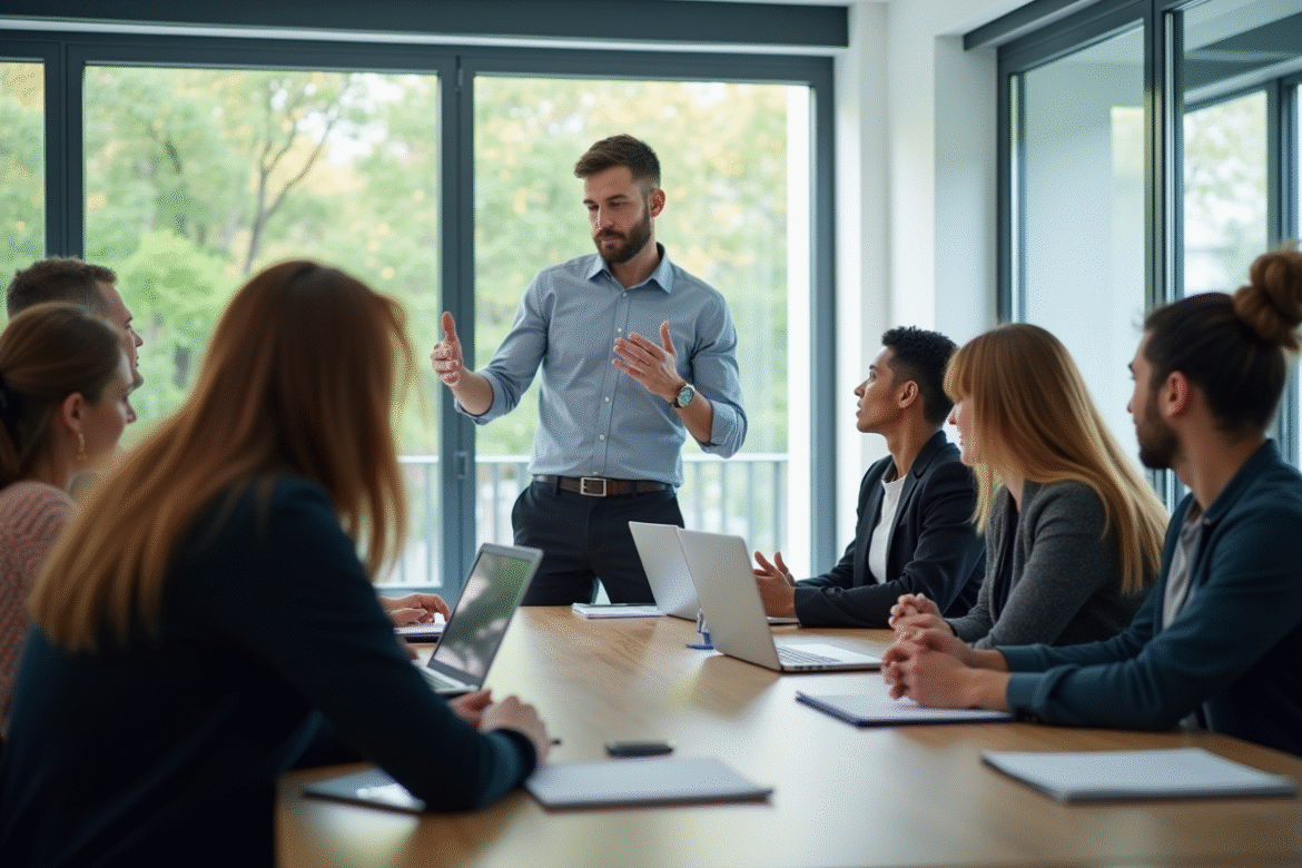 Coach professionnel guidant un groupe dans un bureau moderne