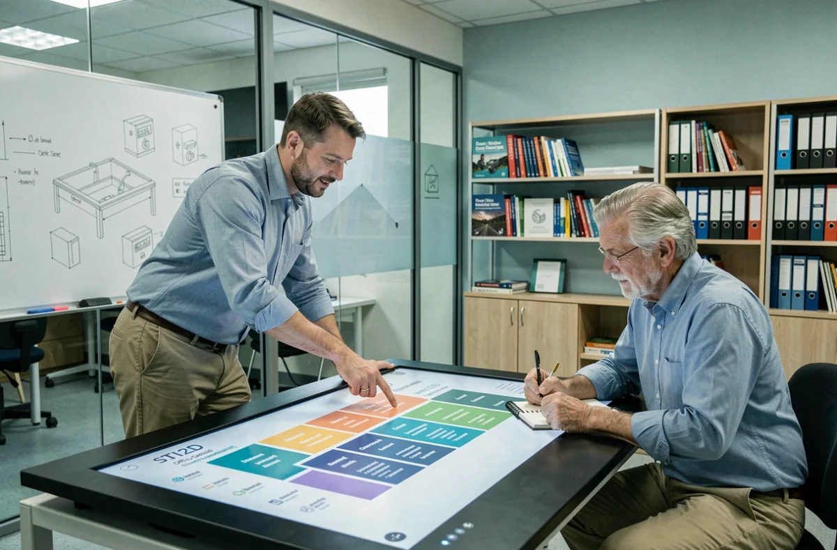 Deux enseignants de STI2D collaborant sur les référentiels Habilec autour d'une table numérique interactive en salle pédagogique