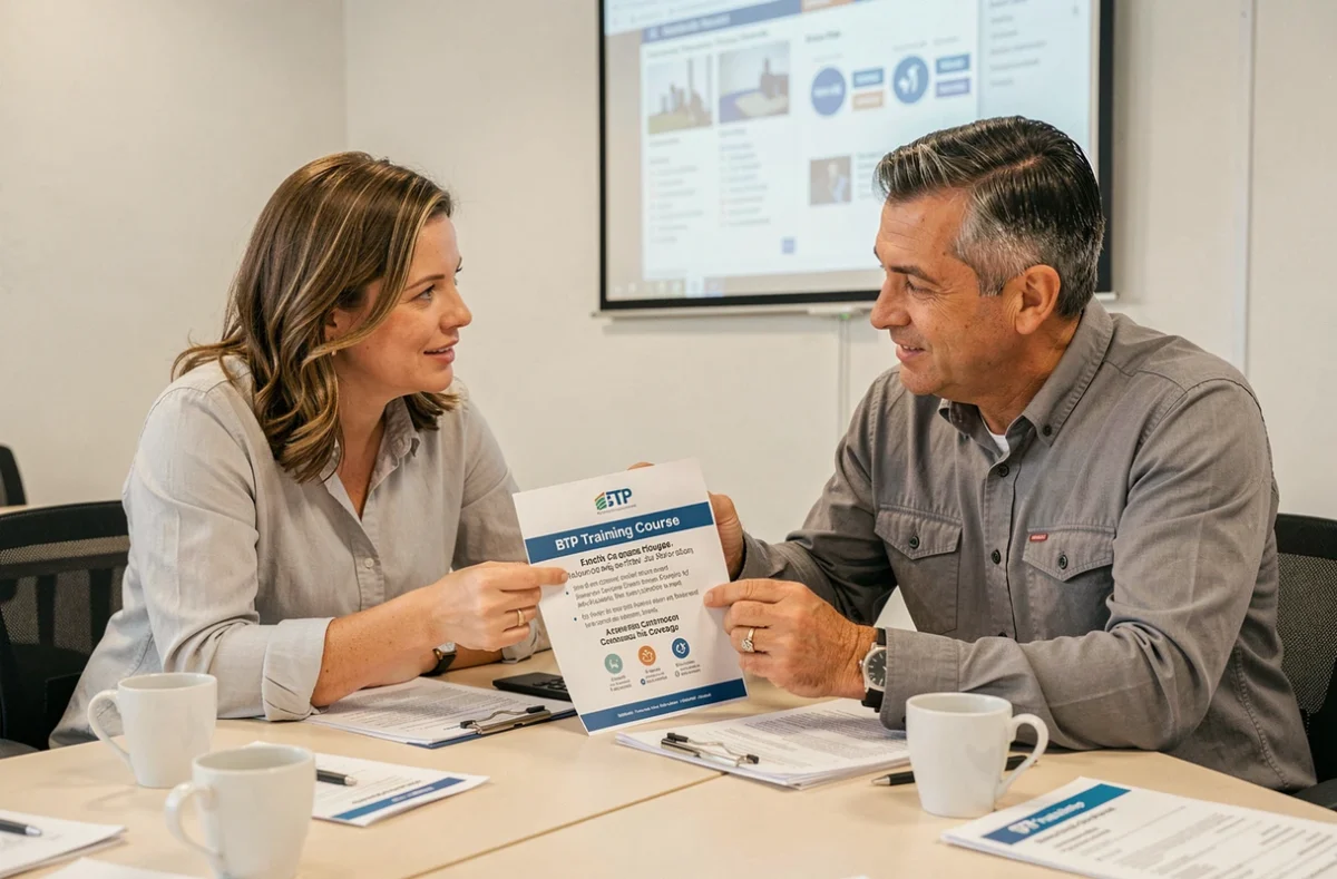 Deux professionnels du BTP analysant ensemble une brochure de formation avec financement pris en charge dans une salle de réunion