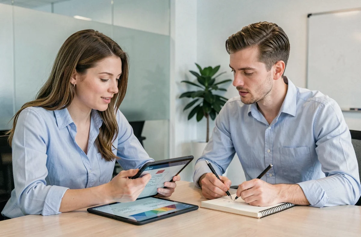 Deux collègues partageant et expliquant une méthode structurée sur une tablette en open space