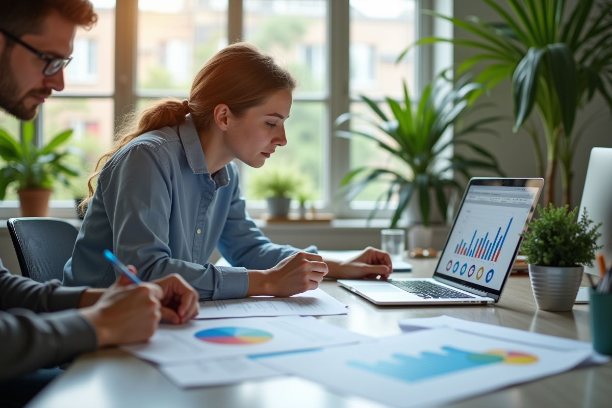 Deux collègues analysant des documents de formation au bureau