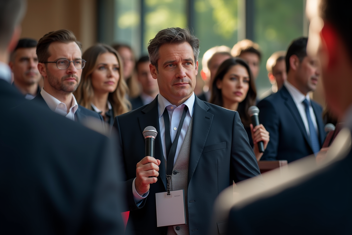 Journaliste lors d une conference de presse avec collegues