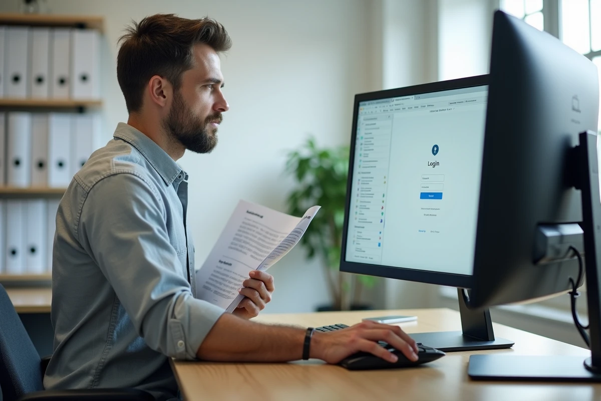 Homme consultant un guide papier pour se connecter à un portail extranet sur un écran de bureau en entreprise
