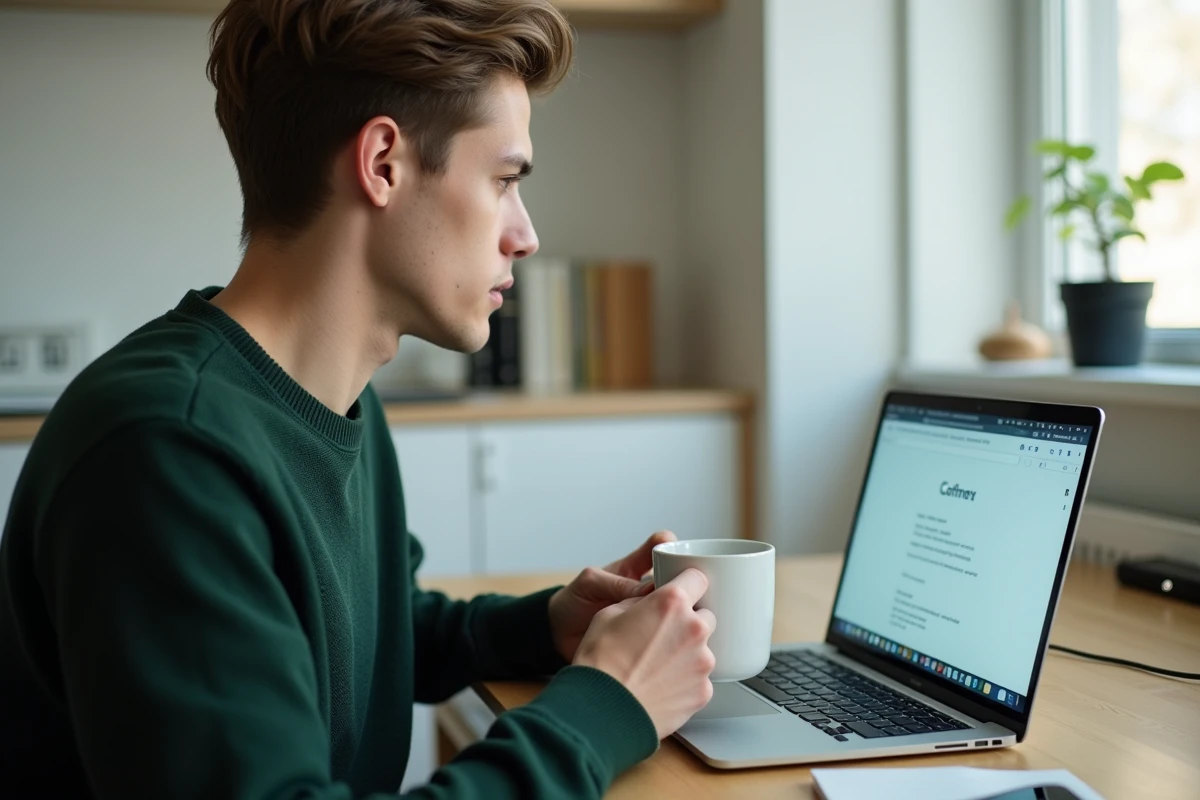 Jeune professionnel se connectant à un extranet depuis un bureau à domicile avec un ordinateur portable