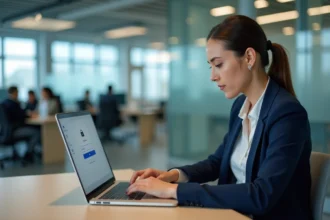 Femme professionnelle se connectant à un extranet sécurisé sur un ordinateur portable dans un bureau moderne