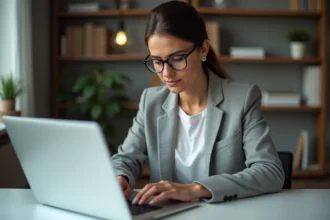 Femme connectée de manière sécurisée sur un portail en ligne depuis son bureau à domicile