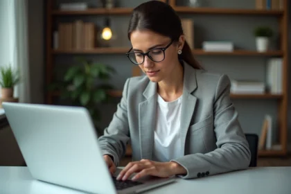 Femme connectée de manière sécurisée sur un portail en ligne depuis son bureau à domicile
