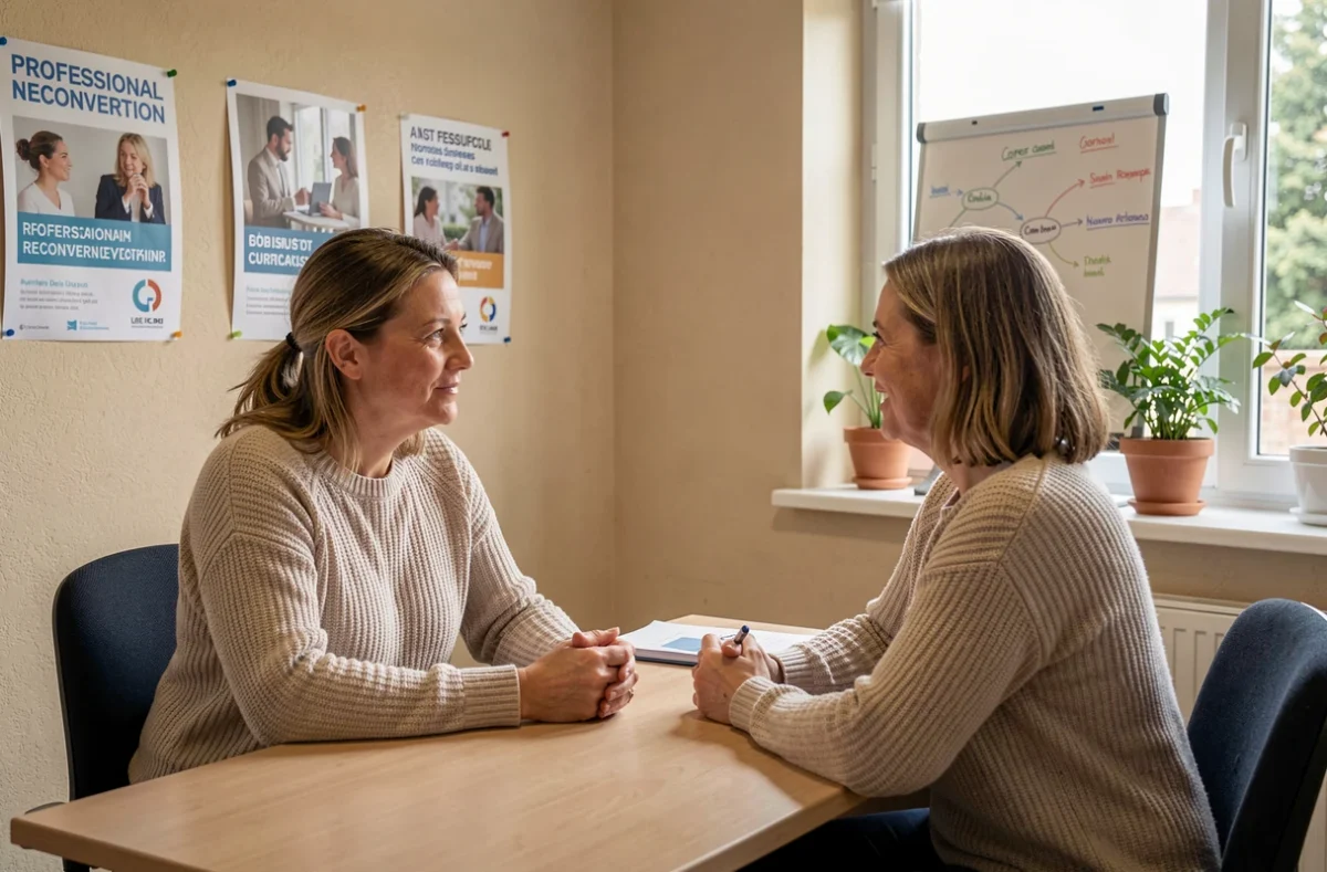 Une femme en reconversion professionnelle accompagnée par un conseiller COS Formation dans un bureau d'orientation en Île-de-France