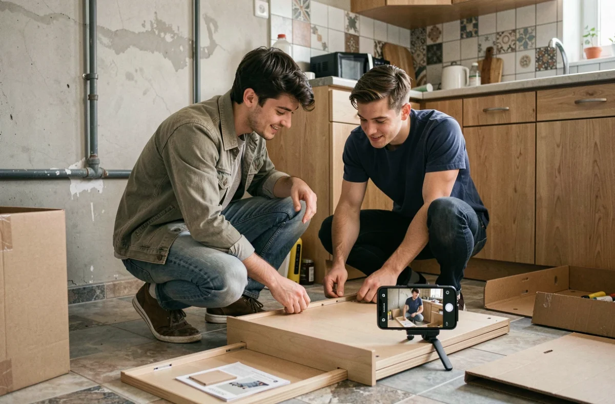 Couple assemblant des meubles de cuisine en kit avec une formation bricolage en vidéo sur smartphone