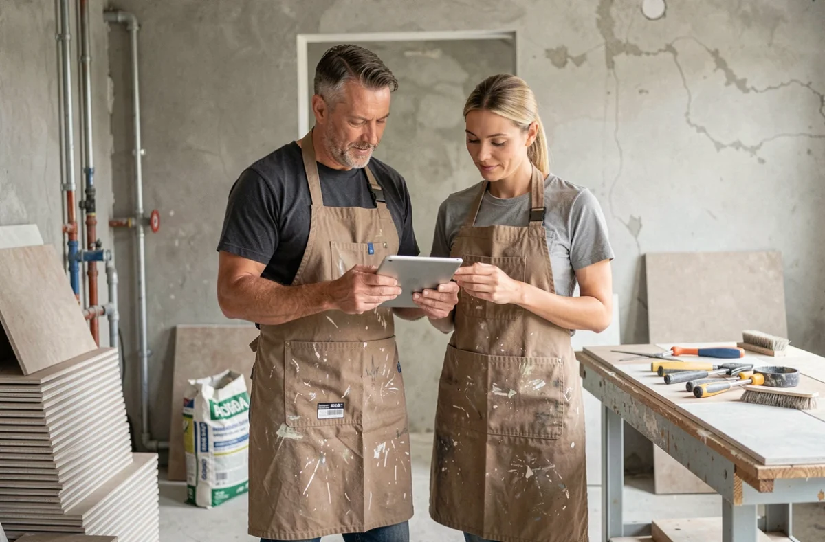 Couple consultant une tablette avec une checklist de rénovation dans une salle de bain en travaux, illustrant l'apprentissage pratique via une formation bricolage en ligne