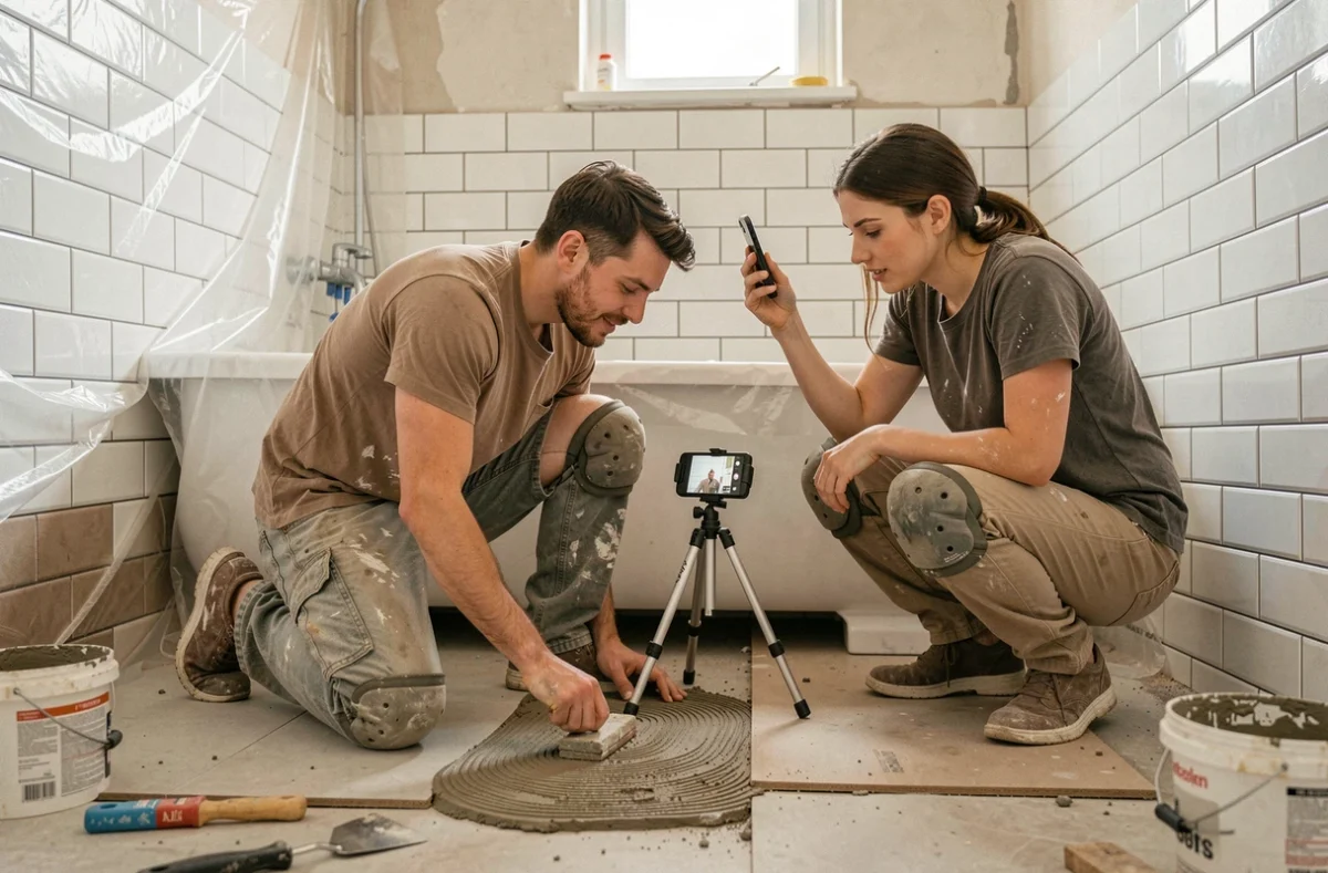 Couple réalisant eux-mêmes la pose de carrelage dans une salle de bain en rénovation grâce à un tutoriel vidéo DIY