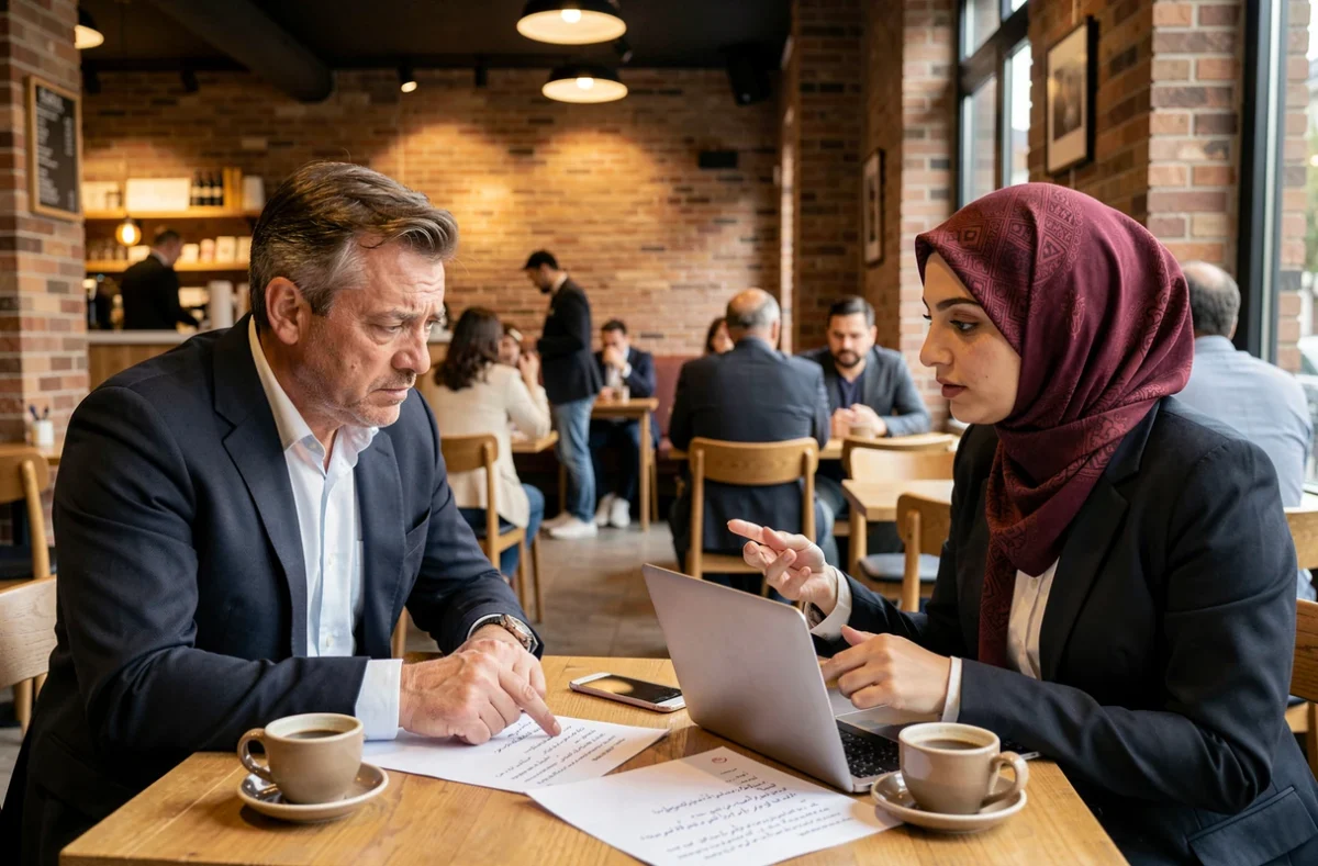 Un homme francophone reçoit des corrections de son professeur d'arabe autour d'une table de café avec des exercices de grammaire