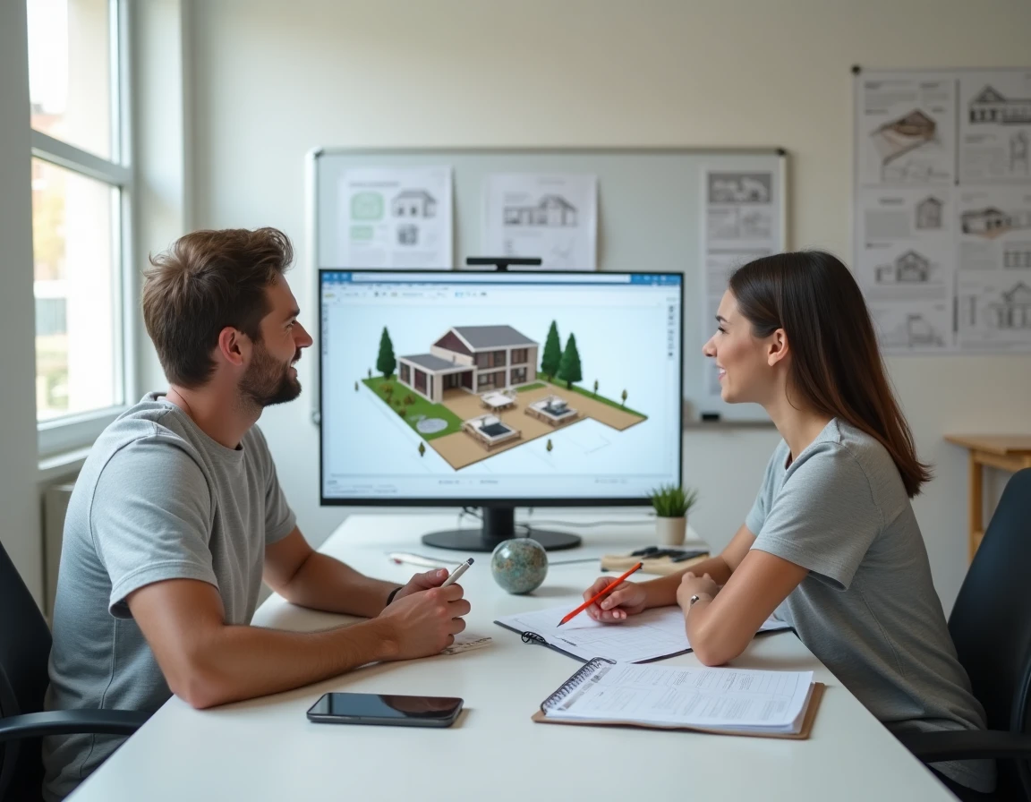 Deux participants en formation bricolage devant un logiciel de rénovation 3D dans une salle de cours moderne