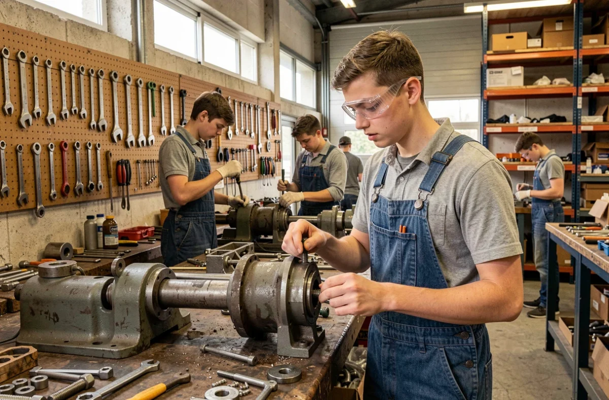 Jeune apprenti en bleu de travail assemblant une pièce mécanique dans un atelier d'une école de production en Seine-et-Marne