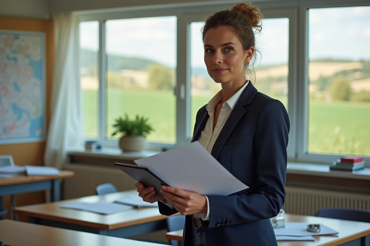 Éducatrice en Normandie consultant des documents pédagogiques dans une salle de classe moderne en 2026