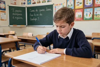 Élève de CM2 concentré en train d'écrire une dictée dans son cahier en classe