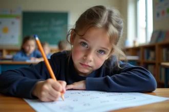 Élève de CM2 concentré sur un exercice de ponctuation écrit à la main sur une feuille de grammaire dans une salle de classe française