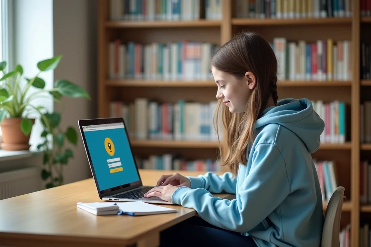 Collégienne sécurisant son compte élève sur le portail NEO Yvelines depuis son bureau à domicile