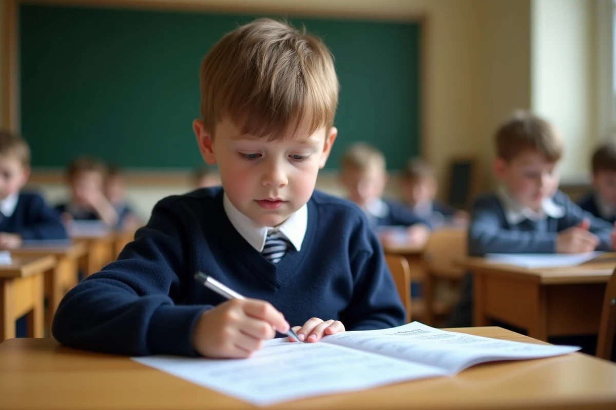 Jeune élève lisant un texte Fluence à voix haute à son bureau en classe primaire, le doigt suivant les lignes sur la feuille imprimée