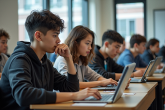 Groupe d'élèves collabore avec tablettes en classe moderne
