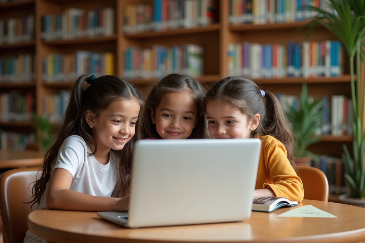 Groupe d'élèves du primaire découvrant ensemble la plateforme numérique elcyo sur un ordinateur portable dans une bibliothèque scolaire, ambiance de rentrée 2026