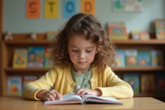 Petite fille de CE1 lisant une histoire illustrée à son bureau dans une salle de classe colorée