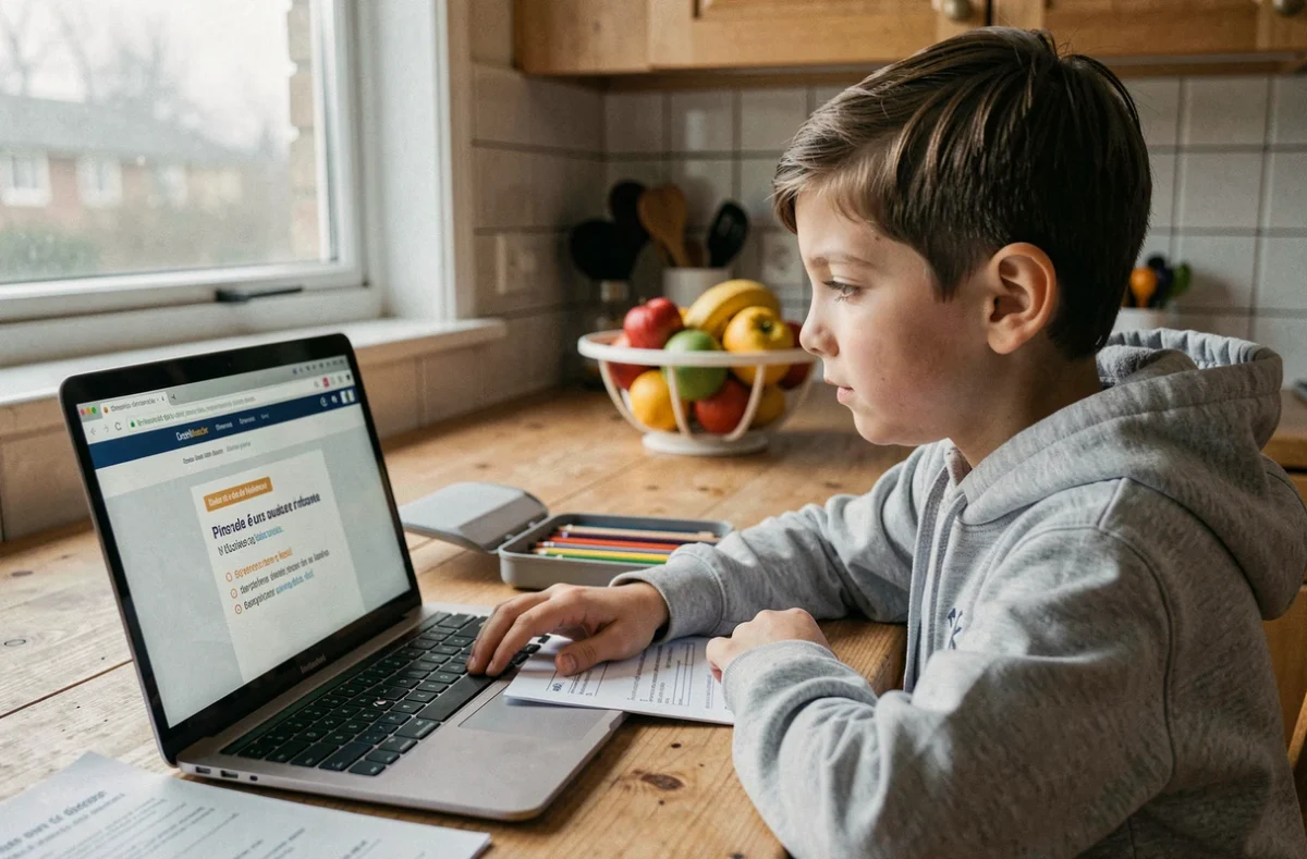 Enfant de CM2 révisant une dictée en ligne sur ordinateur à la maison