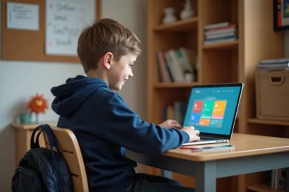 Jeune garçon de 10 ans concentré sur un ordinateur portable affichant la plateforme scolaire elcyo, assis à son bureau dans sa chambre lors de la rentrée scolaire 2026
